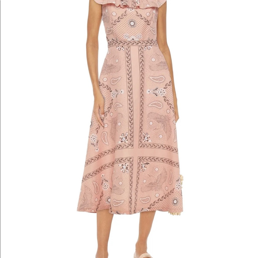 Sandro Gale ruffle-trimmed printed linen and cotton-blend midi dress 40